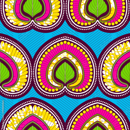 Seamless African fabric pattern with abstract Ankara wax leaf print, colorful lines and dots, vibrant repeating textile design inspired by modern African fashion and cultural style, not AI generated