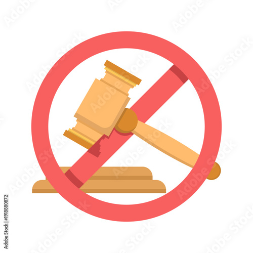Vector illustration of judge gavel with red prohibited sign. Represents law restrictions, forbidden actions, censorship, warning, and no-entry concept in flat design.