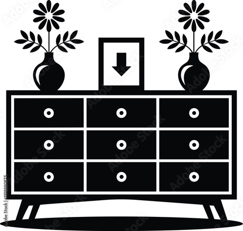 Drawer cabinet furniture silhouette with flower vases and framed picture, modern home interior decor icon, black vector illustration isolated on white background.