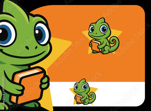 A playful chameleon cartoon character holding a book, designed as a logo for a design studio, showcasing creativity and whimsy in a vibrant and engaging way.