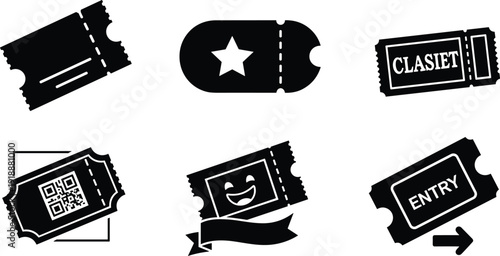Modern ticket icon set with star, QR code and entry label, black event admission pass silhouettes and coupon voucher templates isolated on white background