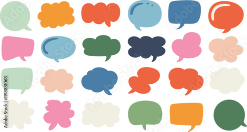 Flat colorful speech bubble set with modern chat message shapes, comic dialogue icons collection for social media communication, sticker design elements isolated on white.