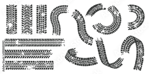 Black Tire Track Pattern Vector Set with Metallic Texture – Car, Bike and Truck Industry Design ElementsWeb