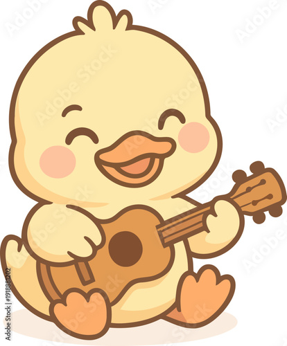 This adorable illustration features a cheerful duckling strumming a ukulele, radiating cuteness and warmth, perfect for conveying joy and simplicity in life through music.