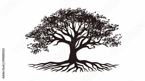 Silhouette of a majestic tree with spreading branches and roots isolated