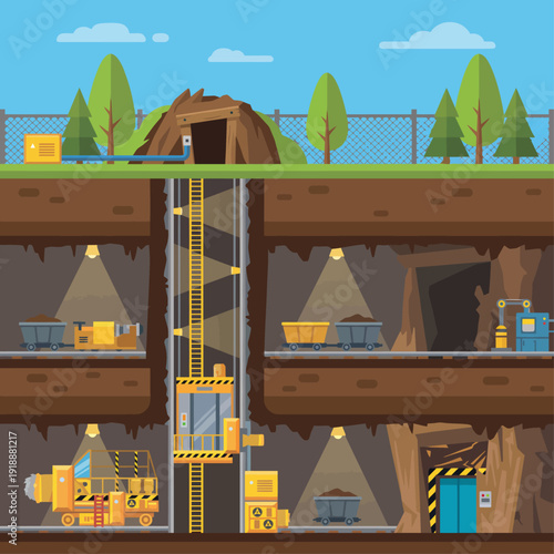 This digital illustration showcases a detailed underground mining operation, featuring heavy machinery, workers, and mining carts to depict the mining process effectively.
