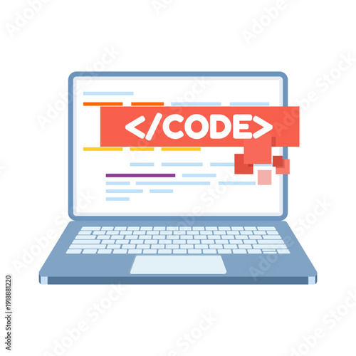 Flat style coding on desktop computer vector illustration. Program development, software engineering, and web programming concept design.