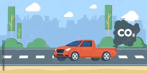 Vehicle releasing thick smoke cloud vector illustration. CO2 emission, fossil fuel pollution and environmental damage concept design.