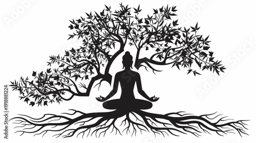 Meditating figure under tree silhouette conceptual vector illustration