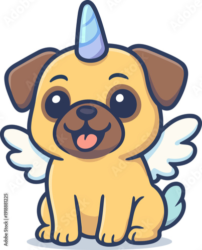 A whimsical illustration featuring a cute puppy with a unicorn horn and angelic wings, representing playfulness, fantasy, and innocence in an artistic style.
