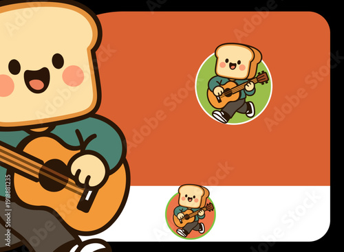 This cute and whimsical illustration showcases a cartoon toast character happily playing a guitar, embodying fun and creativity in a cheerful and engaging way.