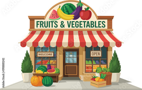 Fruits and vegetables shop illustration showing fresh organic grocery store facade with market display, healthy food retail concept, colorful flat vector design isolated.