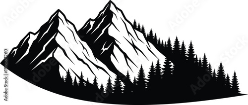 Mountain silhouette with pine forest landscape isolated on white background, black and white alpine nature scenery vector illustration