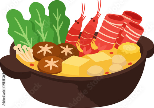 A vibrant and colorful hot pot illustration filled with fresh shrimp, vegetables, meats, and spices, showcasing a delicious meal that encourages togetherness and culinary delight.