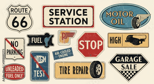 Collection of Vintage Roadside Signs and Symbols.