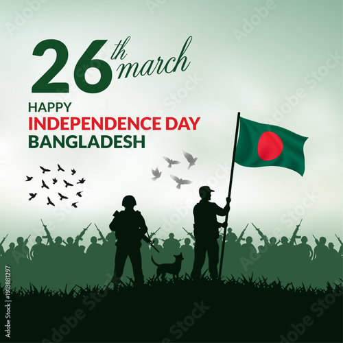 26 March Bangladesh Independence Day Poster with Soldier Silhouette Holding National Flag
