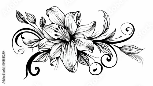 Elegant black and white floral illustration with detailed petals and leaves