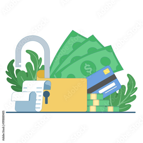 Organizing savings and debit cards beside open padlock. Digital financial security, online banking protection, and safe access to personal funds concept.