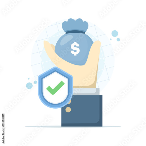 Hand holding a money bag with shield vector, isolated on white. Ideal for finance, investment safety, savings protection, wealth management, and secure funds design