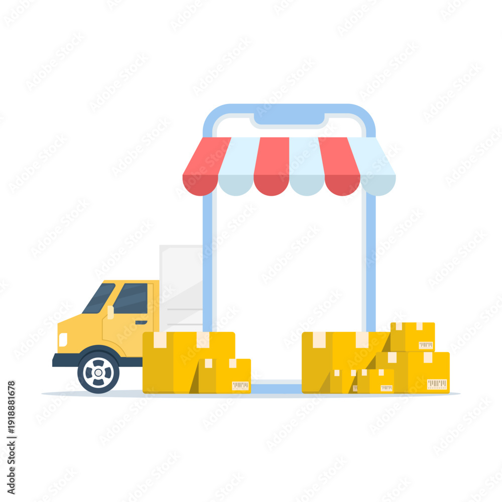 Naklejka premium Flat vector of delivery van, cardboard boxes, and smartphone app, illustrating fast parcel shipping, online order tracking, and courier service isolated on white background.
