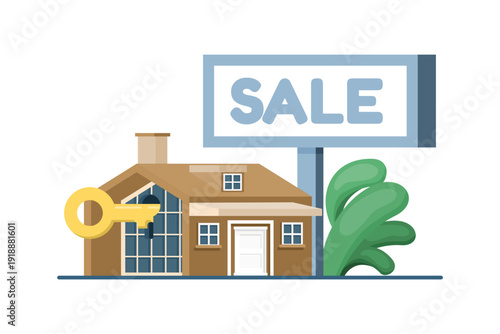 Vector illustration of home with for sale board. Represents real estate transactions, property listings, housing market trends, and home selling concepts in flat design.