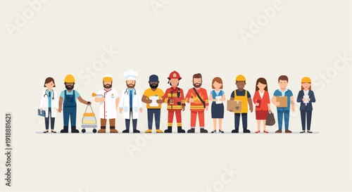 Diverse Group of Flat Design Professional Workers Vector Illustration