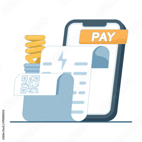 Flat vector of electricity meter and invoice with check, illustrating utility bill payment, energy costs, and financial transaction on white background.