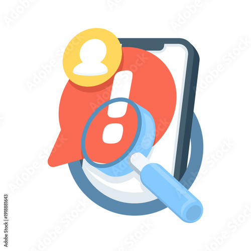 Vector illustration of censored content icon. Chat message warning, adult or inappropriate comments, exclamation mark with magnifying glass, moderation concept.