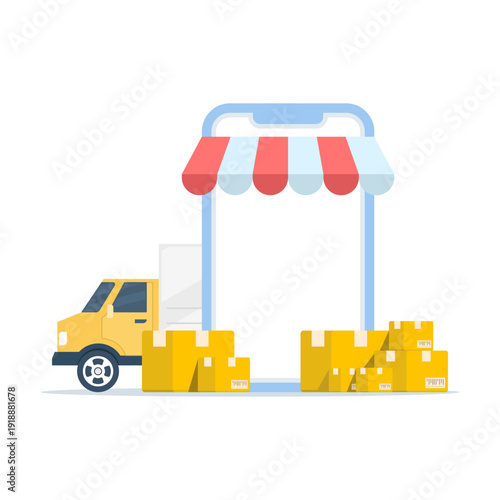 Flat vector of delivery van, cardboard boxes, and smartphone app, illustrating fast parcel shipping, online order tracking, and courier service isolated on white background.