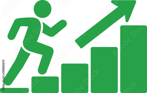 Green running man icon with rising bar chart and upward arrow, business growth and financial success concept, progress achievement vector illustration isolated on white.
