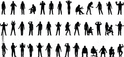 People silhouettes set with men and women in expressive standing and sitting poses isolated on white background vector illustration collection