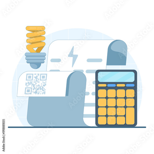 Flat vector of electricity meter and invoice with check, illustrating utility bill payment, energy costs, and financial transaction on white background.