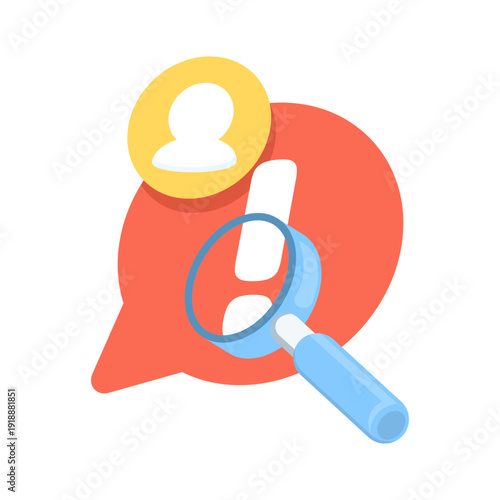 Vector illustration of censored content icon. Chat message warning, adult or inappropriate comments, exclamation mark with magnifying glass, moderation concept.