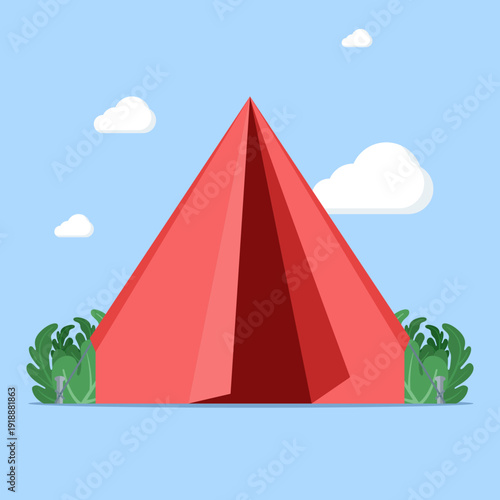 Vector illustration of camping tent in the outdoors. Hiking, nature adventure, travel camping, and recreational shelter concept in flat style.