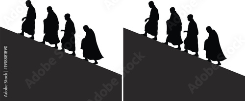Group of monks walking downhill silhouette, religious pilgrimage and spiritual journey concept, people in robe walking on slope, black vector illustration isolated on white.