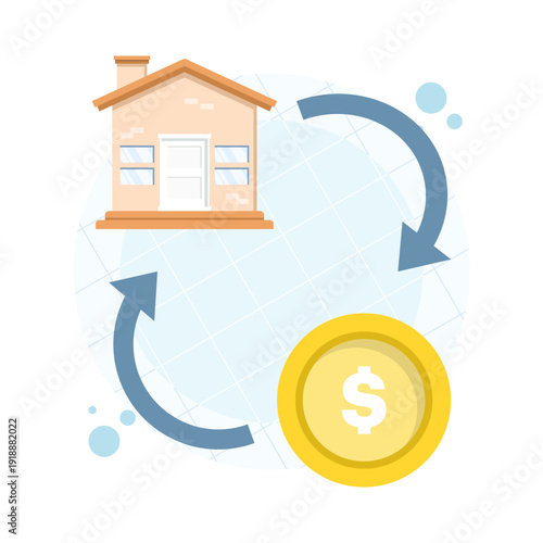 Vector illustration of house and money exchange. Represents real estate transactions, property buying and selling, financial agreements, and housing market concepts.
