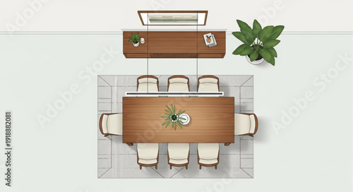 Modern Dining Room With Large Wooden Table And Chairs.