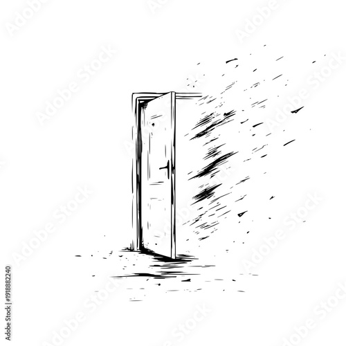 Open Door with Flying Papers in Black and White