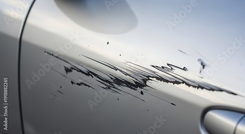Close up view of damaged car surface with scratch mark details