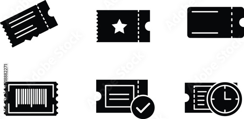 Ticket validation icon set with barcode, star, check mark and clock symbols, black event admission pass silhouettes isolated on white background vector collection