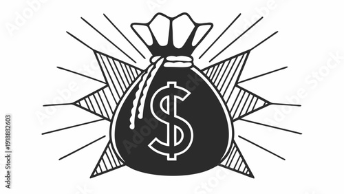 Money Bag Illustration with Dollar Sign Emblem Surrounded by Radiating Lines and Geometric Shapes