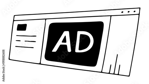 A digital illustration of a computer screen displaying a web page with a prominent advertisement banner in the center