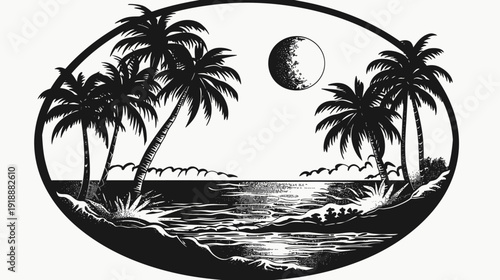 Coastal scene with palm trees silhouette against the moon in oval frame