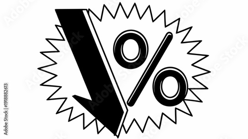 Black graphic illustration of a percentage symbol and downward arrow inside a starburst shape indicating a decrease or discount