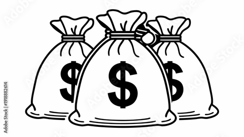 Three money bags with dollar signs illustration on white background viewed from the front