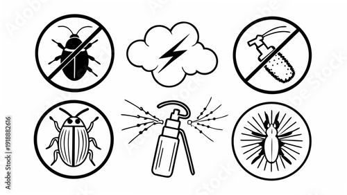 Pest control icons depicting prohibited insects and spraying insecticide in various circular symbols