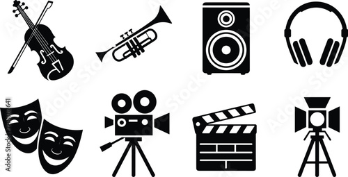 Music and entertainment icon set with violin, trumpet, speaker, headphones, theater masks, video camera, clapperboard and studio light, black silhouette vector illustration.
