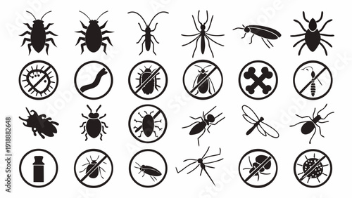 Collection of Insect Icons and Symbols Illustrating Various Bugs and Pests in Black Silhouettes