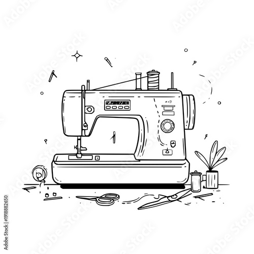 Sewing Machine with Tools and Threads on Worktable
