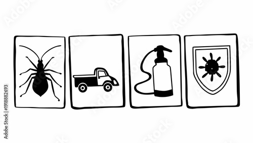 Pest control measures illustrated with symbols for spider, truck, spray bottle, and germ protection